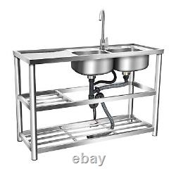 Commercial Stainless Steel Sink Kitchen Utility Sink Prep Table + 2 Compartment