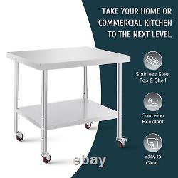 Commercial Stainless Steel Work Table w Wheels & Adjustable Shelf Prep Table