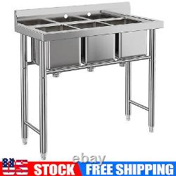 Commercial Utility & Prep Sink 304 Stainless Steel 3 Compartment High Backsplash