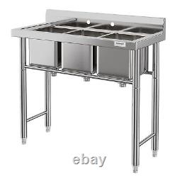 Commercial Utility & Prep Sink 304 Stainless Steel 3 Compartment High Backsplash