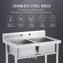 Commercial Utility & Prep Sink Stainless Steel 2 Compartment w Basins Backsplash
