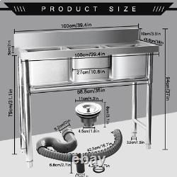 Commercial Utility Prep Sink Stainless Steel 3 Compartment withBasins Backsplash