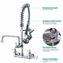 Commercial Wall Mount Kitchen Sink Faucet Chrome Pre-Rinse With Pull Down Spraye