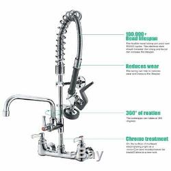 Commercial Wall Mount Kitchen Sink Faucet Chrome Pre-Rinse With Pull Down Spraye