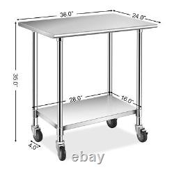 Costway 36 x 24 Stainless Steel Commercial Kitchen Prep & Work Table on Wheels