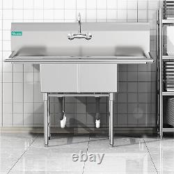 Double Sink Kitchen Sink Freestanding Commercial Stainless Steel with Drainboard