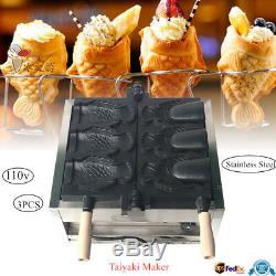 Electric 3x Fish Waffle Ice Cream Taiyaki Maker Baker 2KW Nonstick Commercial US