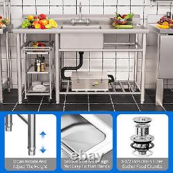 Freestanding Kitchen Sink Commercial Stainless Steel Single Bowl with2 Drainboards