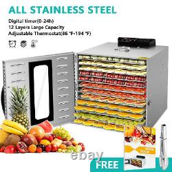 KWASYO Commercial Food Dehydrator 12 Tray Stainless Steel Fruit Meat Jerky Dryer