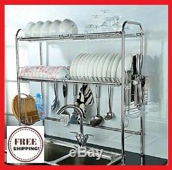 Over The Sink 2-Tier Stainless Steel Dish Rack Holder Commercial Storage Drainer