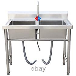 Stainless Steel 2 Compartment Commercial Kitchen Sink Prep Table with Faucet