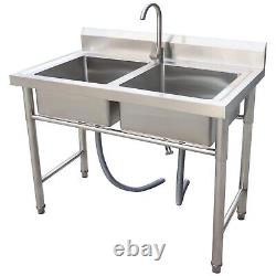 Stainless Steel 2 Compartment Commercial Kitchen Sink Prep Table with Faucet