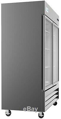 Stainless Steel 2 Glass Door Commercial Reach In Refrigerator Cooler 47 cu. Ft