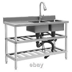 Stainless Steel 3 Tier &Faucet Commercial Utility Prep Sink 2 Compartment Basins