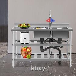 Stainless Steel 3 Tier &Faucet Commercial Utility Prep Sink 2 Compartment Basins