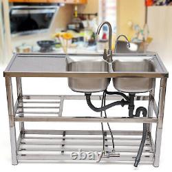 Stainless Steel Commercial Kitchen Prep Utility Sink 2 Compartment With Prep Table