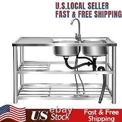 Stainless Steel Commercial Sink Kitchen Utility Sink 2 Compartment + Prep Table