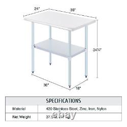 Stainless Steel Commercial Work Table Kitchen Table w Adjustable Shelf 36x24 in