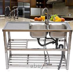 Stainless Steel Free-standing Commercial Sink With Double Bowls Kitchen Sink