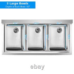 Stainless Steel Kitchen Commercial Sink with3 Compartments Heavy Duty Home