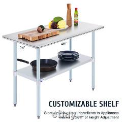 Stainless Steel Kitchen Table w Adjustable Shelf for Commercial Home Use 48x24