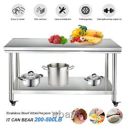 Stainless Steel Kitchen Work Prep Table Bench Commercial Restaurant with Wheels