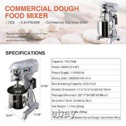 Three Speed 15Qt Commercial Dough Food Mixer Gear Driven Pizza Bakery 600W 4/5P