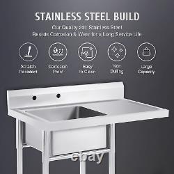 Utility Sink with Drainboard Commercial Stainless Steel Table with 18x16 in Sink