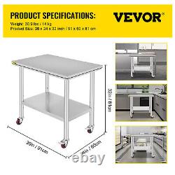 VEVOR 36x24 Stainless Steel Work Prep Table with 4 Casters Undershelf Commercial
