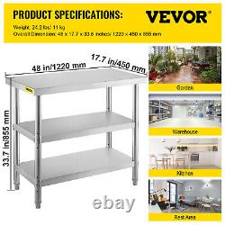 VEVOR Stainless Steel Table 48x18x33In BBQ Food Prep Table Commercial Restaurant