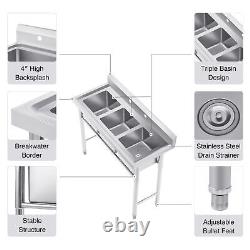 WILPREP Commercial Utility & Prep Sink Stainless Steel 3-Compartment Backsplash